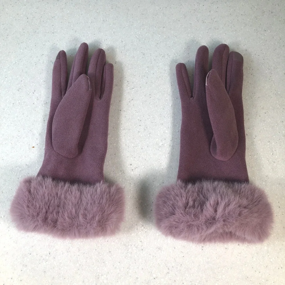 Dusty Mauve Purple Faux Fur Trim Touchscreen Gloves Womens Winter Chic Coquette